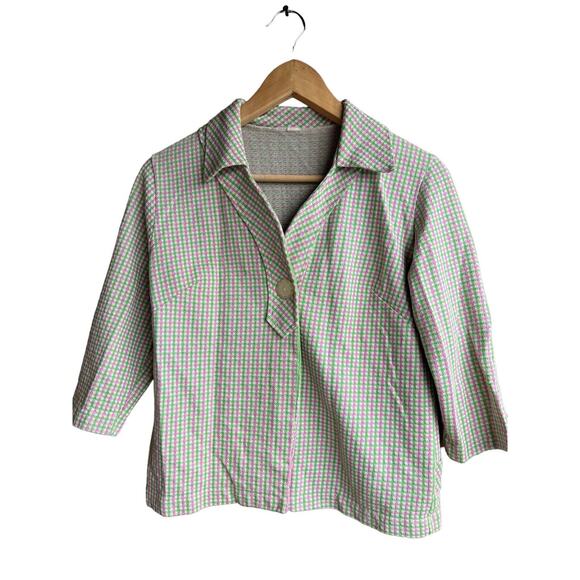 Vintage 70s women’s Green Pink Plaid Blazer Jacket wide pointed collar Size S - Picture 7 of 7